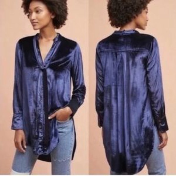 Maeve | Anthropologie Navy Blue Velvet button down Tunic High Low Top Size 2 - Picture 1 of 7